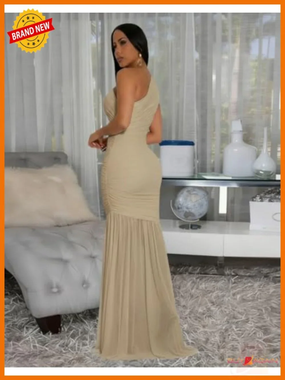 One Shoulder Bodycon Maxi Dress Ruched Mesh Formal Evening